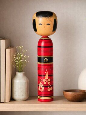Large 12" Vintage Kokeshi Doll, Red & Black Japanese Wood Carved Folk Art